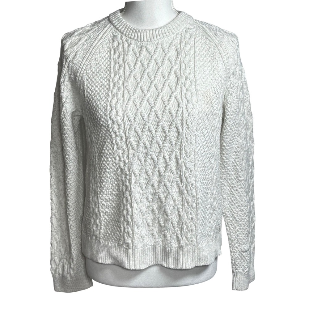 J Crew Cable Knit Sweater White Oarsman Cotton‎ Crewneck Handknit Fisherman M